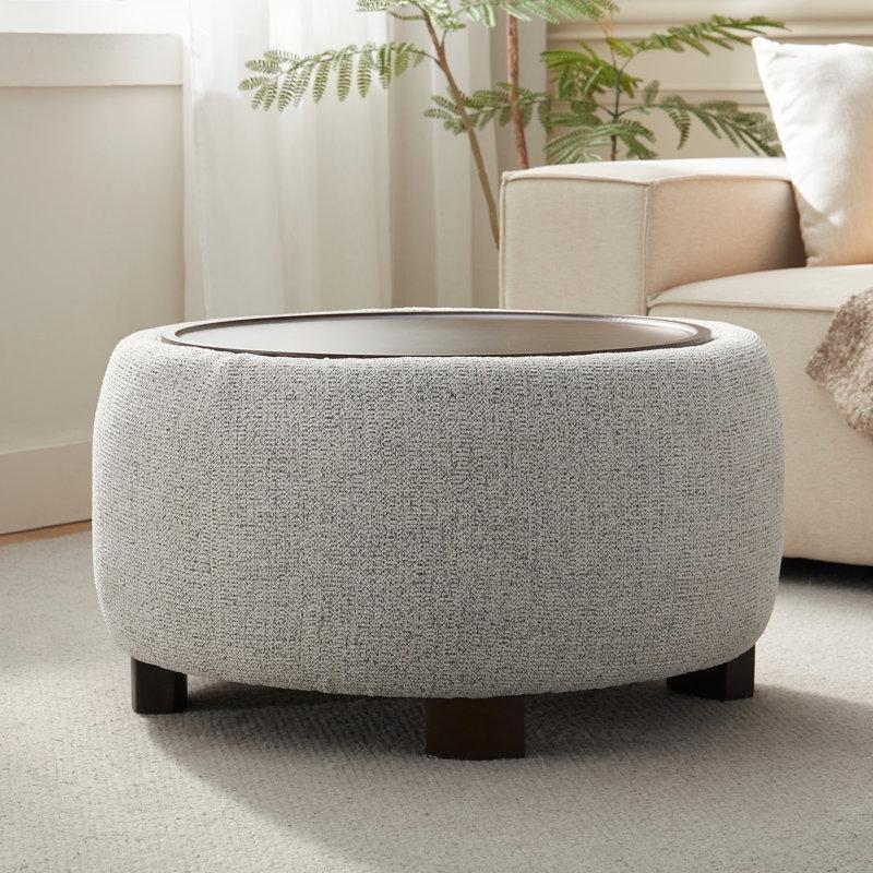 Bej Şönil Kumaş Ahşap Ayaklı Tepsili Sandıklı Yuvarlak Puf - 75 cm - 165028