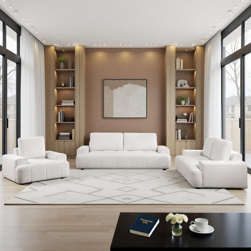 Bej Şönil Kumaş Çıkarılabilir Kılıflı Masif Ahşap İskeletli 3 Parça Koltuk Takımı - 192058