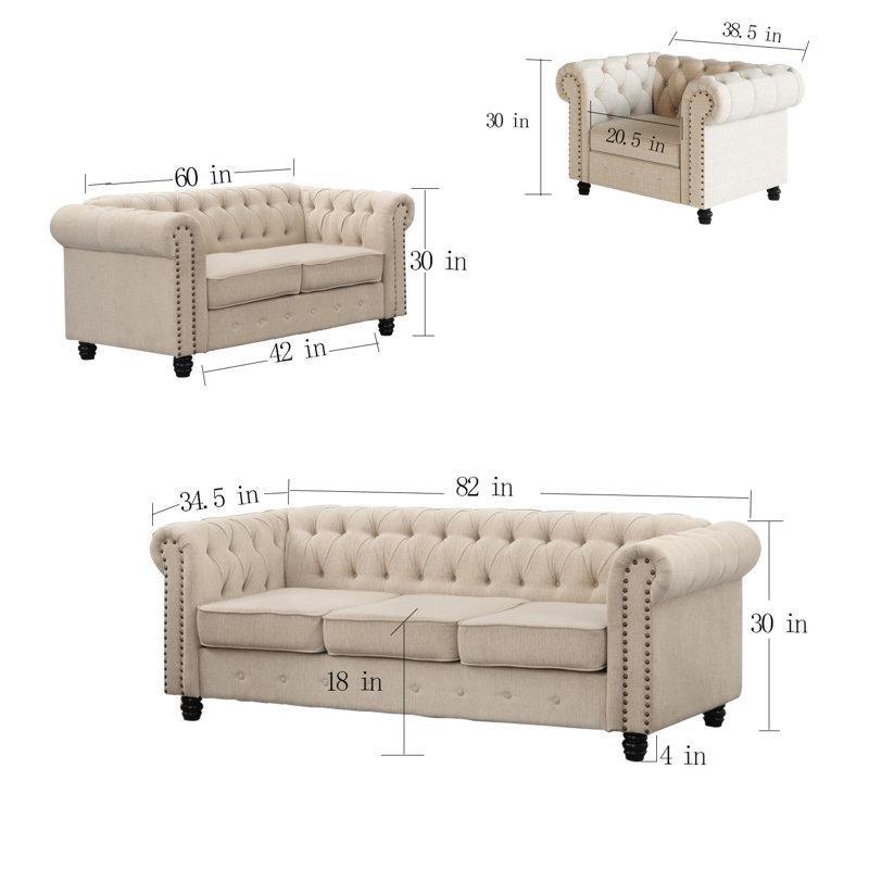 Bej Şönil Kumaş Kapitoneli Kıvrımlı Kollu 3 Parça Chester Koltuk Takımı - 192144