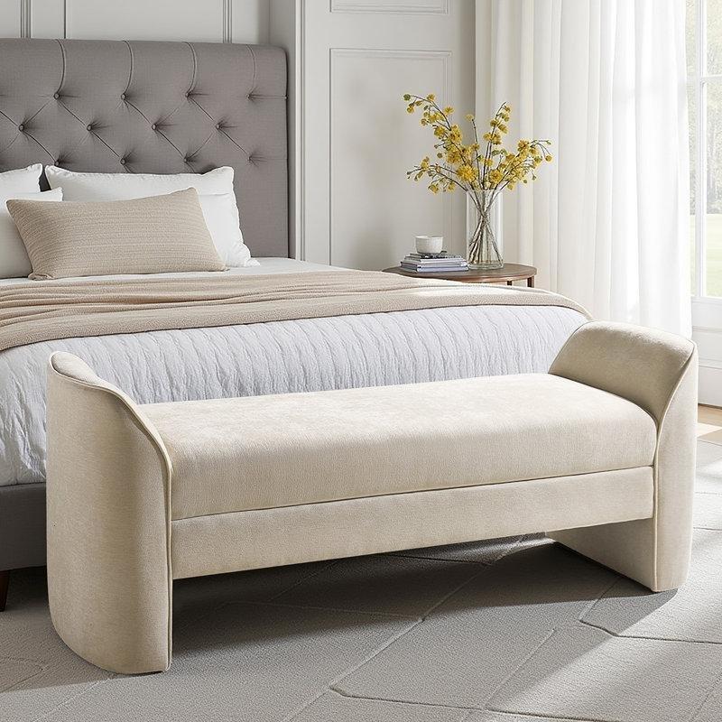 Bej Şönil Kumaş Kolçaklı Biyeli Modern Ahşap Bench Modeli - 145 cm - 164275