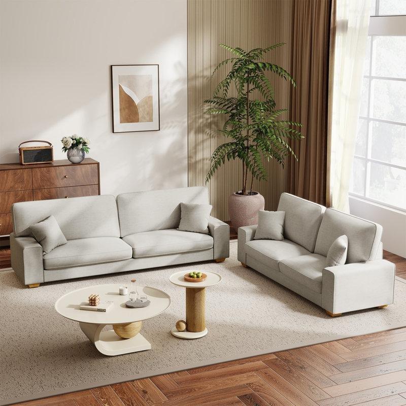 Bej Şönil Kumaş Masif Ahşap Ayaklı Kare Kolçaklı Koltuk Takımı - 191513