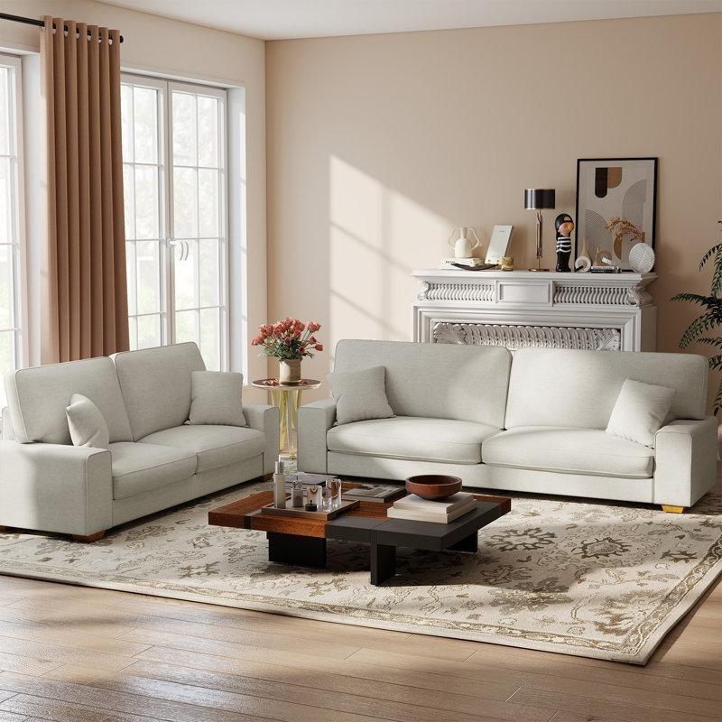 Bej Şönil Kumaş Masif Ahşap Ayaklı Kare Kolçaklı Koltuk Takımı - 191513