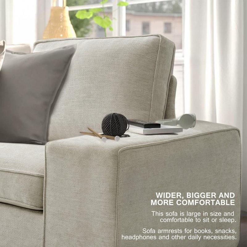 Bej Şönil Kumaş Masif Ahşap Ayaklı Kare Kollu Çıkarılabilir Kılıflı İkili Koltuk - 181 cm - 197355