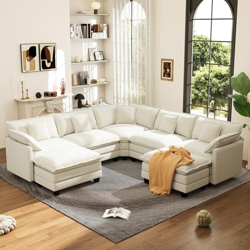 Bej Şönil Kumaş Masif Ahşap İskeletli 7 Kişilik Modüler Çift Puflu L Köşe Koltuk Takımı - 284x284 cm - 193890