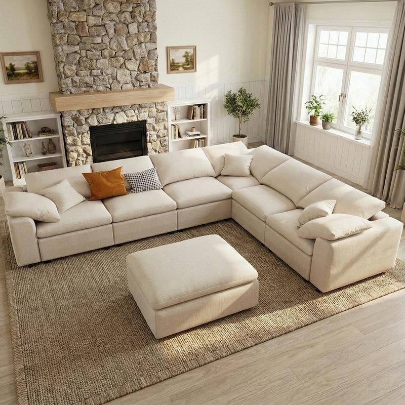 Bej Şönil Kumaş Masif Ahşap İskeletli 7 Parça Modüler U Şeklinde Köşe Koltuk Takımı - 318x248 cm - 193629