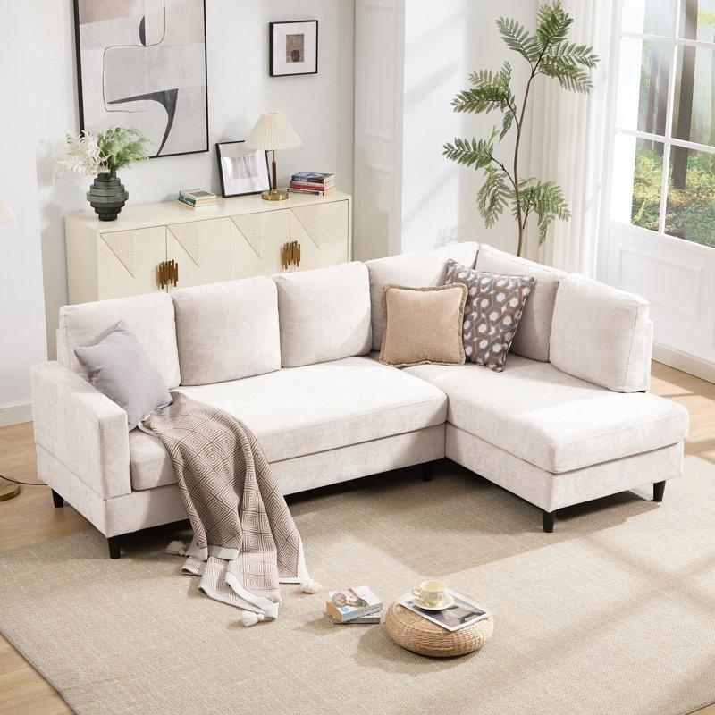 Bej Şönil Kumaş Masif Ahşap İskeletli Sağ Köşeli L Koltuk - 242 cm - 194588