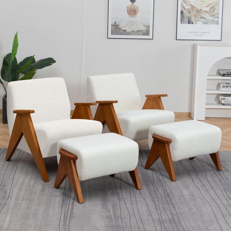 Bej Şönil Kumaş Masif Meşe Puflu 2li Tekli Koltuk Seti - 203644