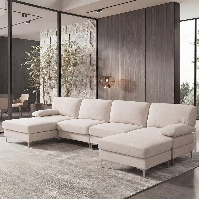 Bej Şönil Kumaş Metal İskeletli 6 Kişilik Modüler Yastık Kollu U Köşe Koltuk Takımı - 314 cm - 195214