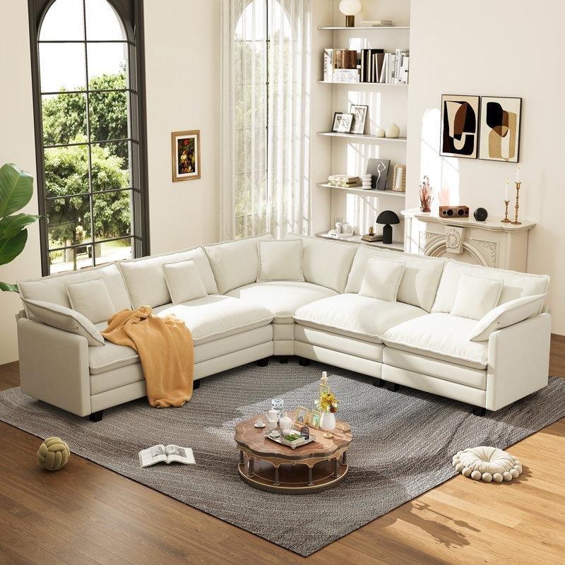 Bej Şönil Kumaş Modüler 5 Kişilik L Köşe Koltuk Takımı - 284x284 cm - 194088