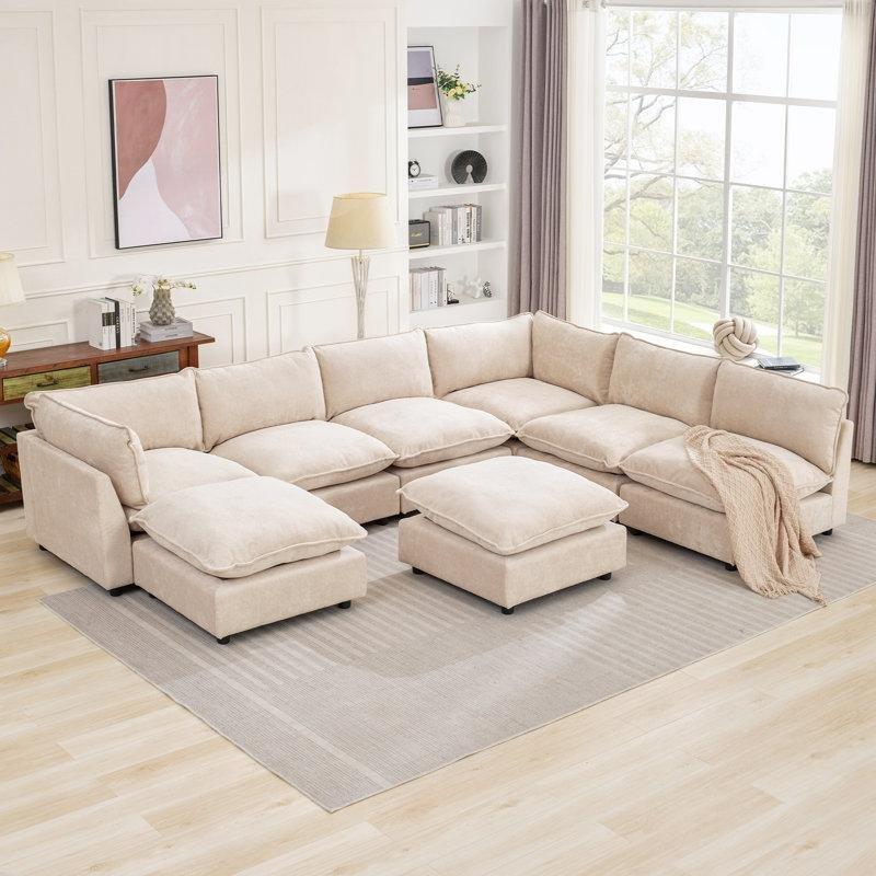 Bej Şönil Kumaş Modüler 8 Kişilik U Köşe Koltuk Takımı - 351x257 cm - 194623