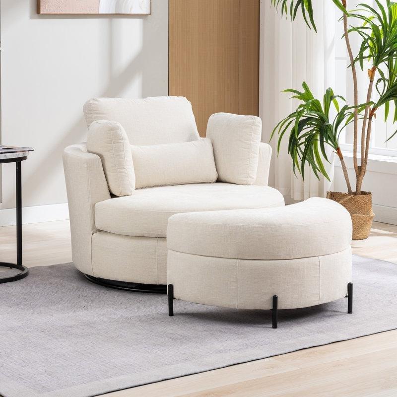 Bej Şönil Masif Ahşap Puflu Döner Fıçı Tasarım Tekli Koltuk - 127 cm - 204151