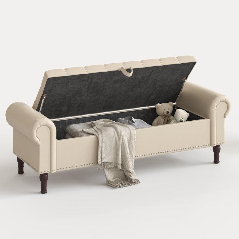 Bej Suni Deri Döşemeli Masif Ahşap Sandıklı Zımba Detaylı Bench - 153 cm - 164254