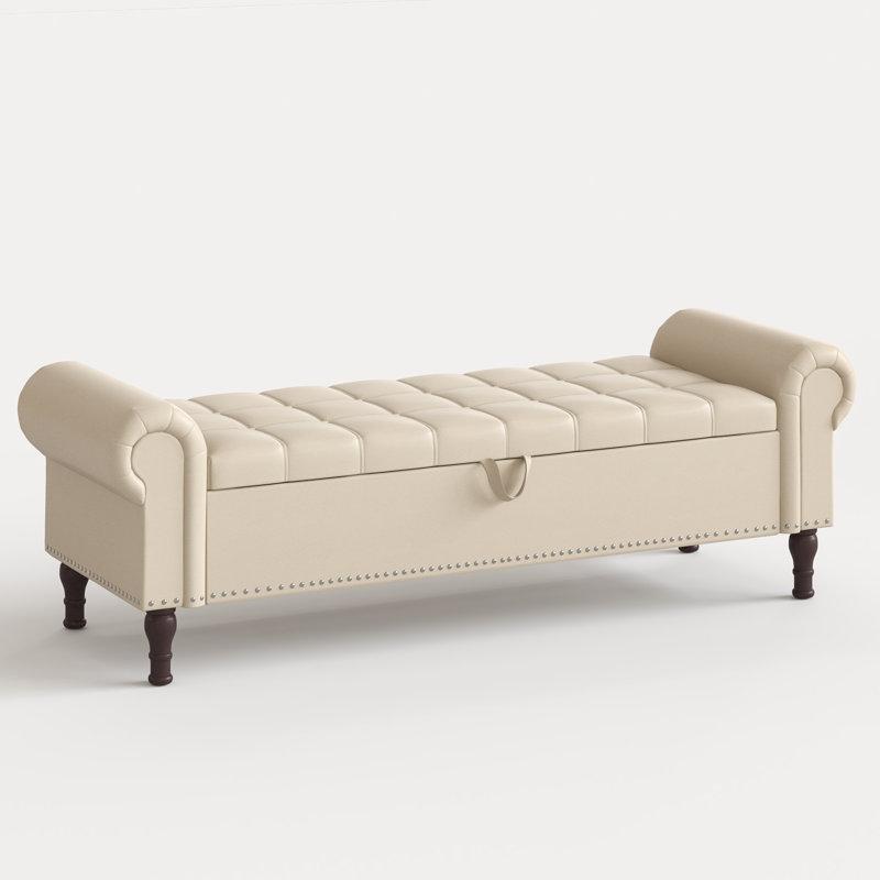 Bej Suni Deri Döşemeli Masif Ahşap Sandıklı Zımba Detaylı Bench - 153 cm - 164254