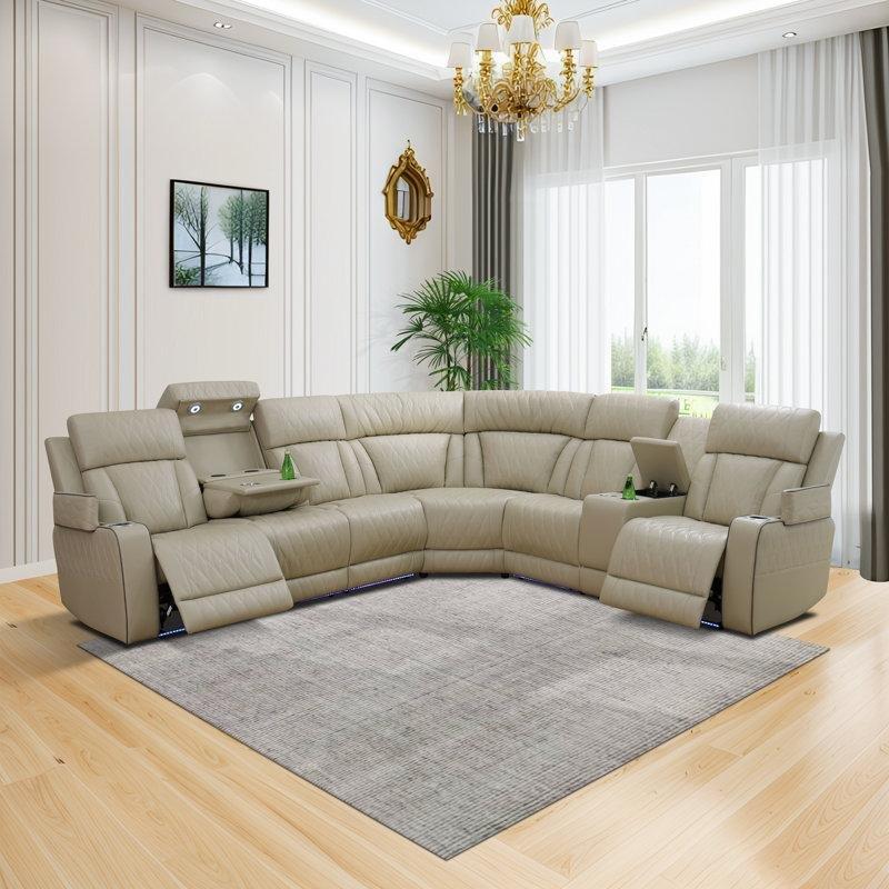 Bej Suni Deri USB Girişli LED Aydınlatmalı Motorlu Köşe Koltuk Takımı - 193775