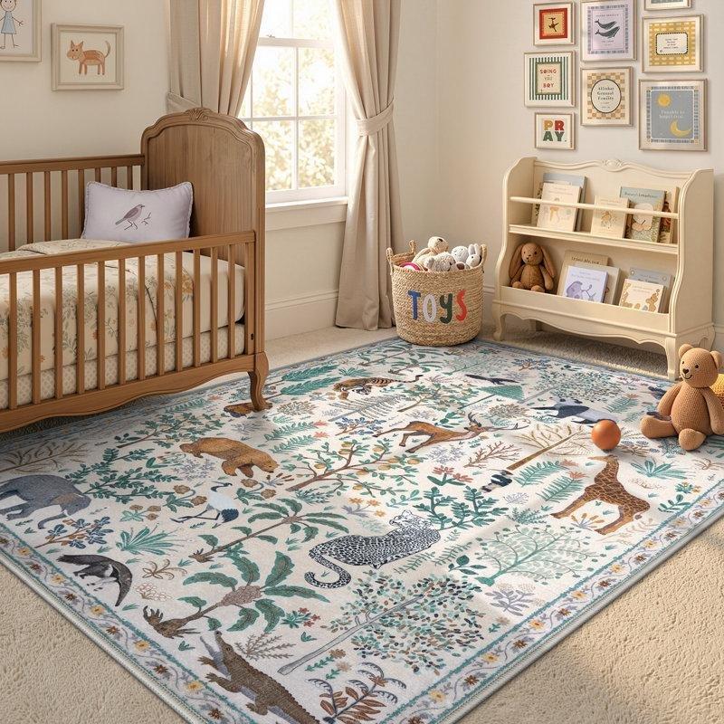 Bej Suni Yün Kaymaz Tabanlı Hayvan Desenli Yıkanabilir Oyun Halısı - 153x214 cm - 182669