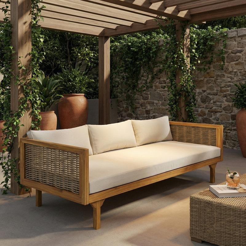 Bej Tik Akasya Ahşap Rattan 3 Kişilik Minderli Bahçe Palet Koltuk - 172 cm - 177381