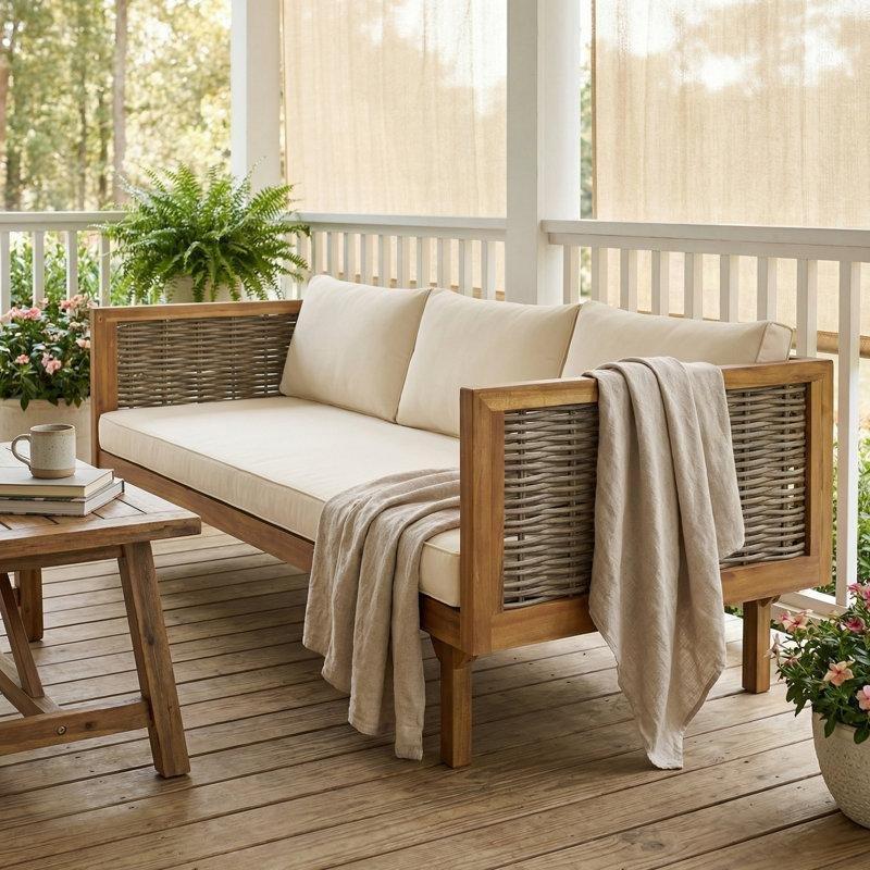 Bej Tik Akasya Ahşap Rattan 3 Kişilik Minderli Bahçe Palet Koltuk - 172 cm - 177381