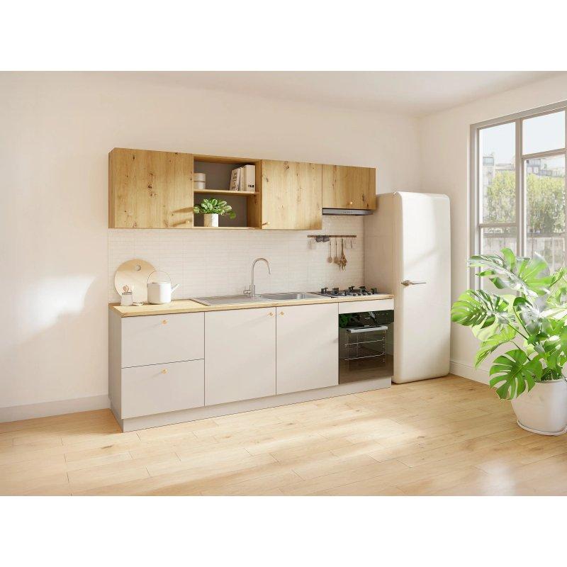 Bej ve Açık Ahşap Rengi Gold Kulplu Tezgahlı Mutfak Modelleri - 242 cm - 186712