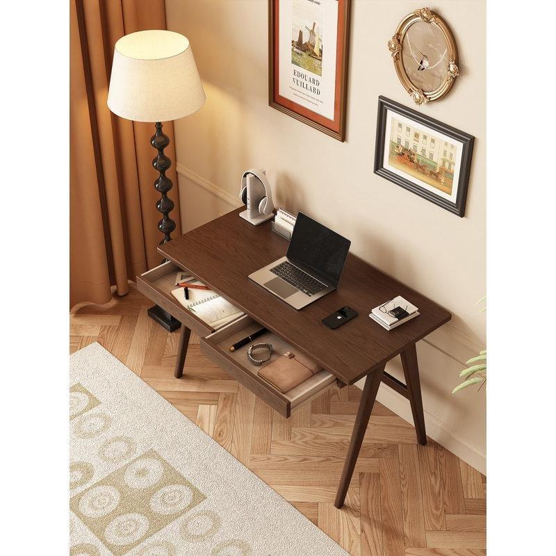 Bej ve Kahverengi Masif Ahşap Ayaklı 2 Çekmeceli Yuvarlak Köşeli Vintage Çalışma Masası - 122x61 cm - 234891