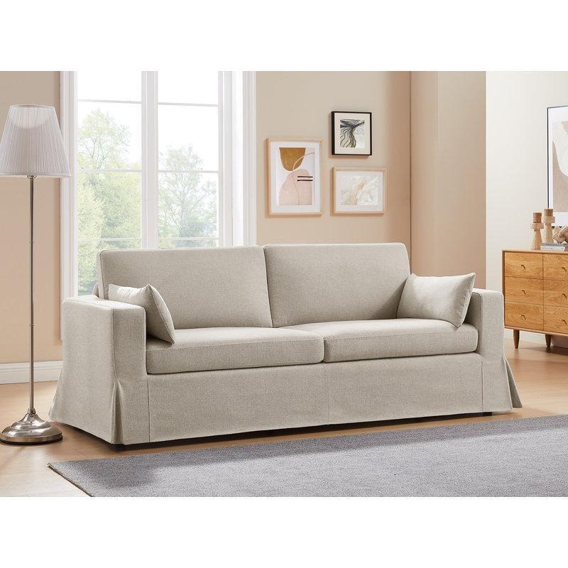 Bej Yıkanabilir Kılıflı Kare Kollu Ahşap Üçlü Koltuk - 214 cm - 197052