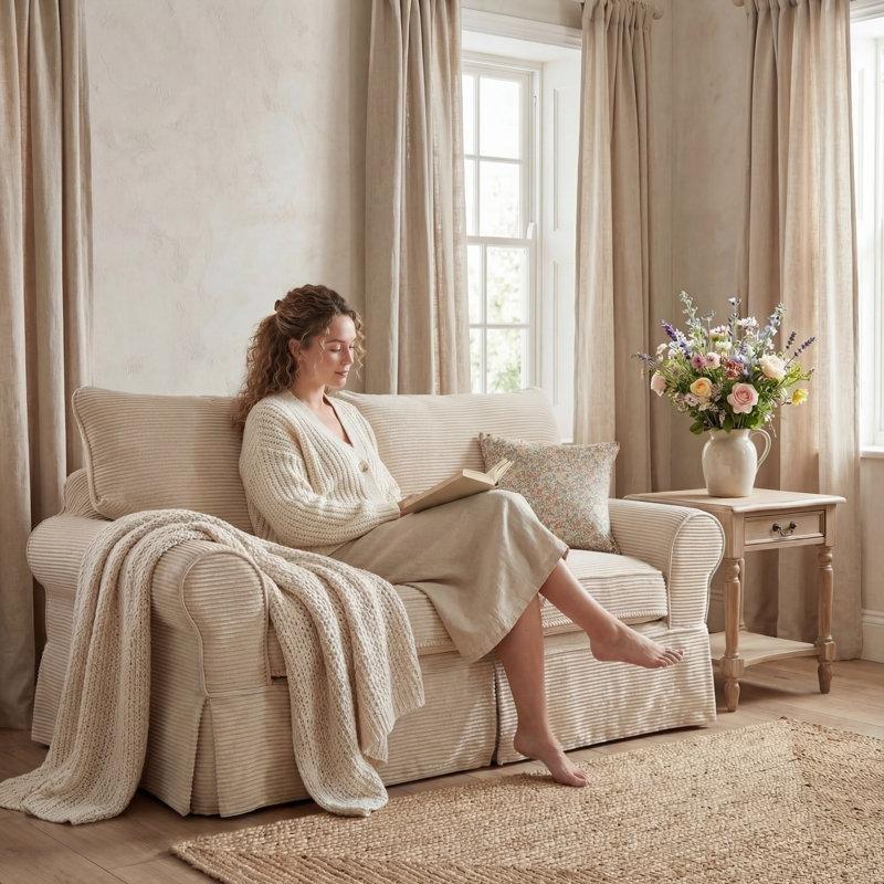 Bej Yıkanabilir Kılıflı Yuvarlak Kollu Çerçevesiz İkili Koltuk - 205372