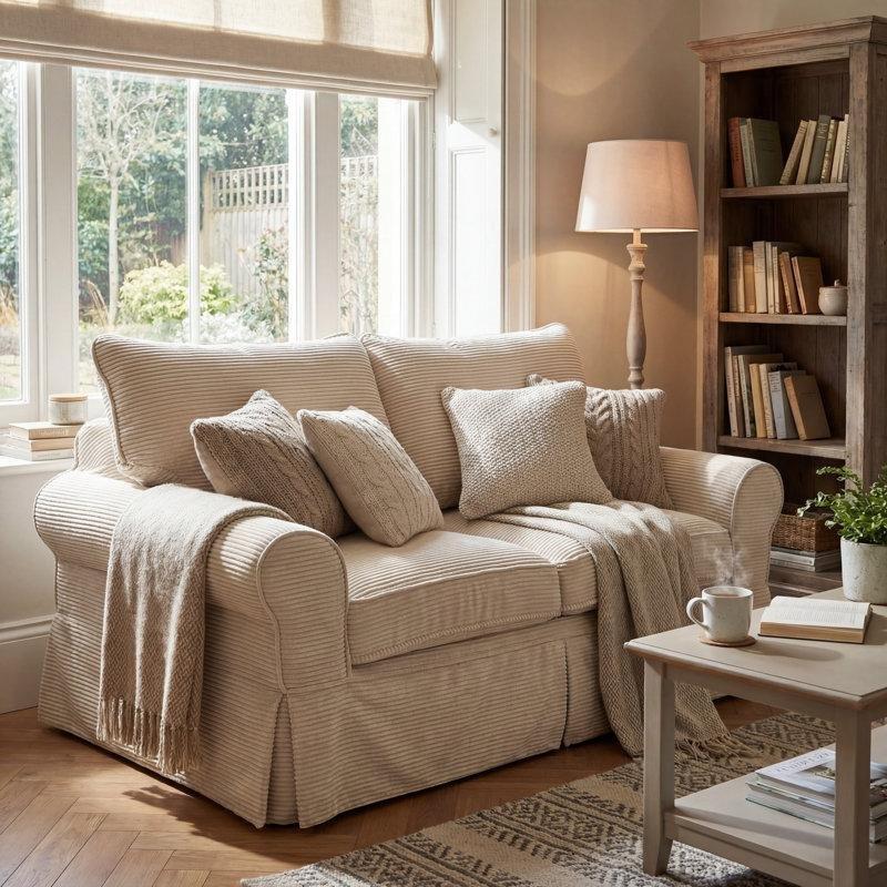 Bej Yıkanabilir Kılıflı Yuvarlak Kollu Çerçevesiz İkili Koltuk - 205372