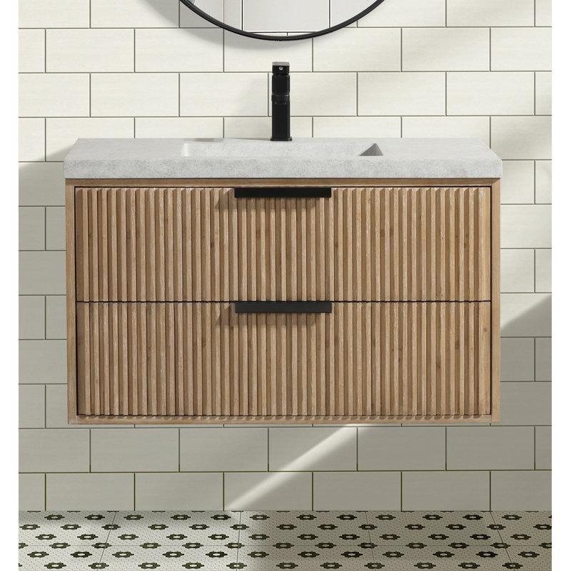 Beton Tezgahlı Masif Köknar Ağacı Duvara Monte Yumuşak Kapanır Çekmeceli Banyo Lavabo Dolabı - 92 cm - 199204