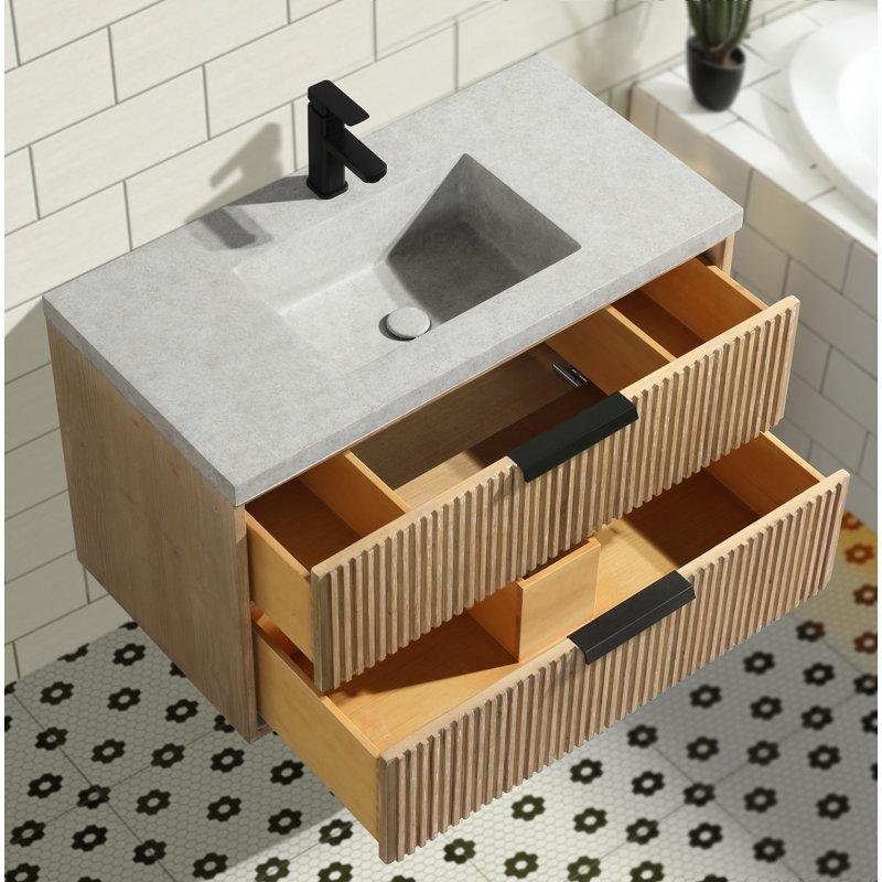 Beton Tezgahlı Masif Köknar Ağacı Duvara Monte Yumuşak Kapanır Çekmeceli Banyo Lavabo Dolabı - 92 cm - 199204