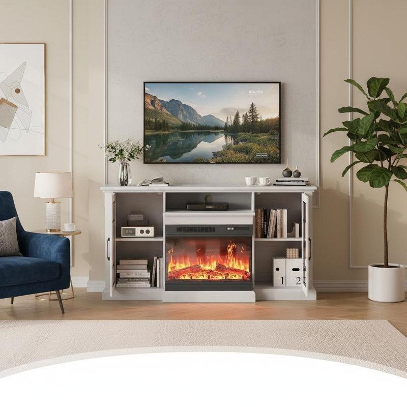 Beyaz 3 Taraflı Camlı Elektrikli Şömineli LED Işıklı Ahşap TV Ünitesi - 150 cm - 220935