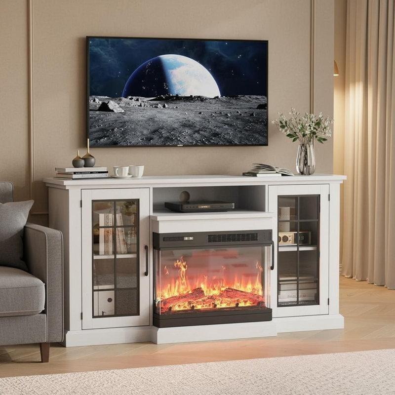 Beyaz 3 Taraflı Camlı Elektrikli Şömineli LED Işıklı Ahşap TV Ünitesi - 150 cm - 220935