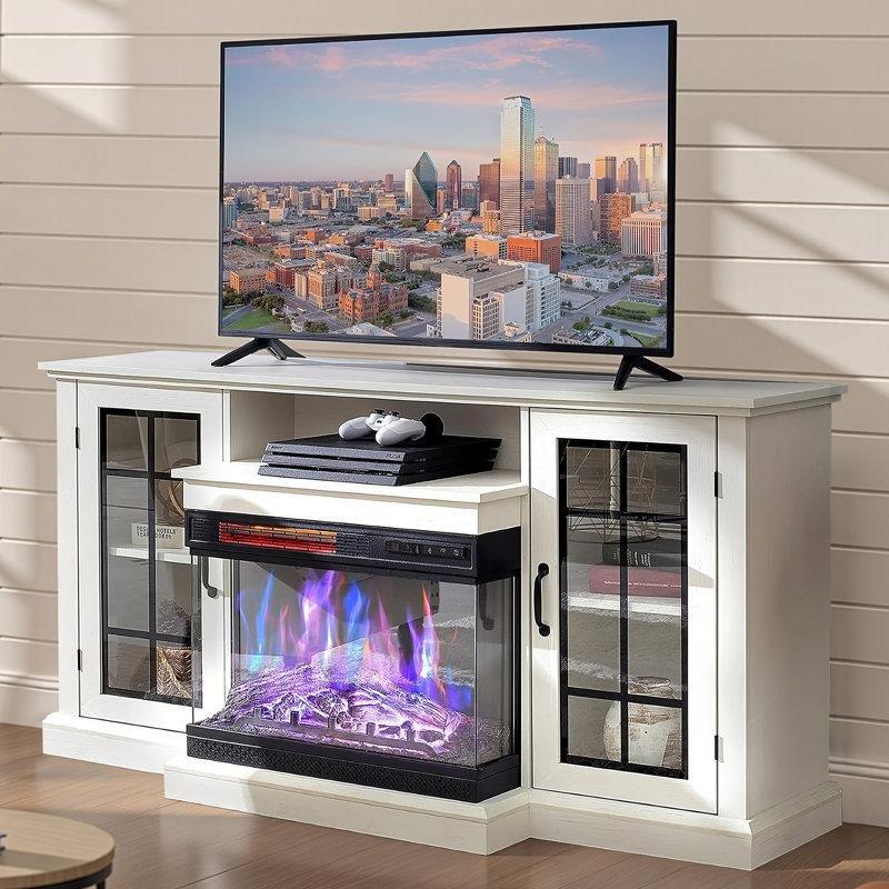 Beyaz 3 Taraflı Camlı Elektrikli Şömineli MDF TV Ünitesi - 150 cm - 222424