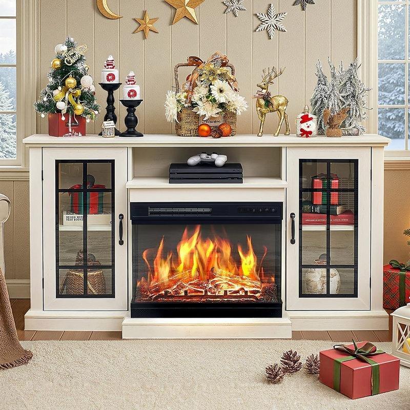 Beyaz 3 Taraflı Camlı Elektrikli Şömineli MDF TV Ünitesi - 150 cm - 222424