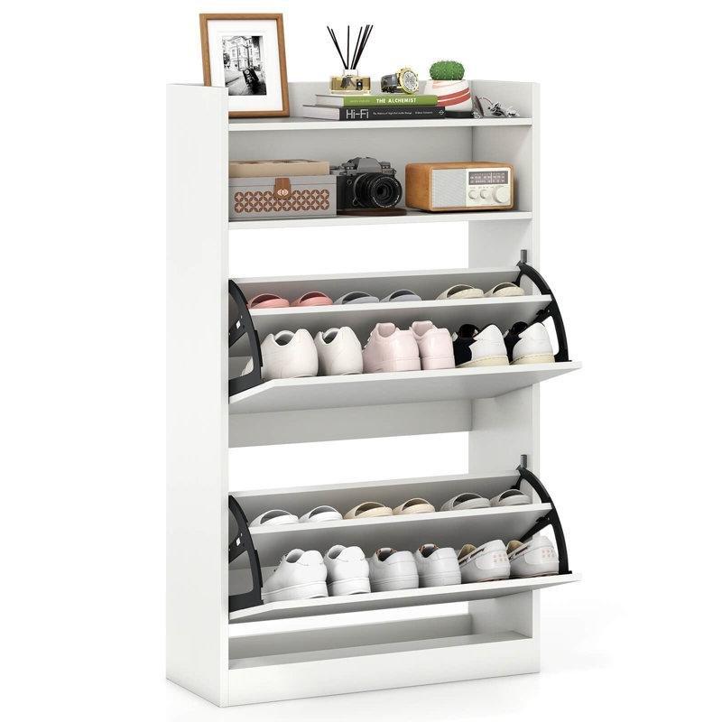 Beyaz Ahşap 2 Düşer Kapaklı Ayarlanabilir Raflı Ayakkabılık Dolap - 60x25x102 cm - 227900