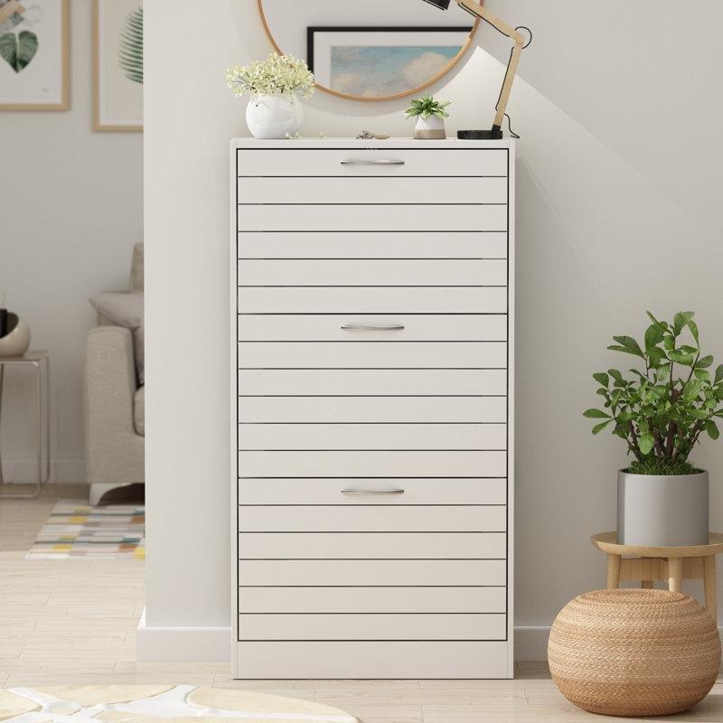 Beyaz Ahşap 3 Çekmeceli Düşer Kapaklı Ayakkabılık - 57x24x108 cm - 227959