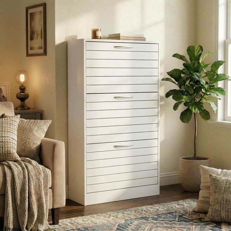 Beyaz Ahşap 3 Çekmeceli Düşer Kapaklı Ayakkabılık - 57x24x108 cm - 227959