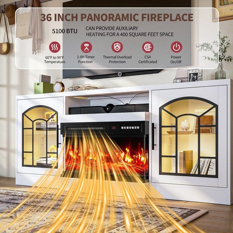 Beyaz Ahşap 3 Taraflı Camlı Elektrikli Şömineli TV Ünitesi - 153 cm - 222192