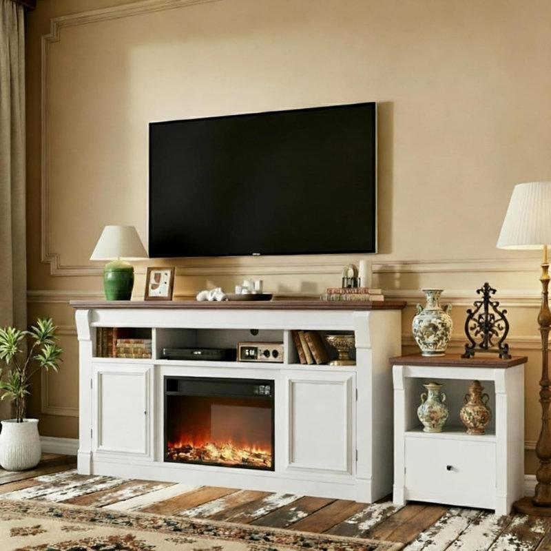 Beyaz Ahşap 36 İnç Elektrikli Şömineli Kır Evi Tasarım TV Ünitesi - 147 cm - 219841