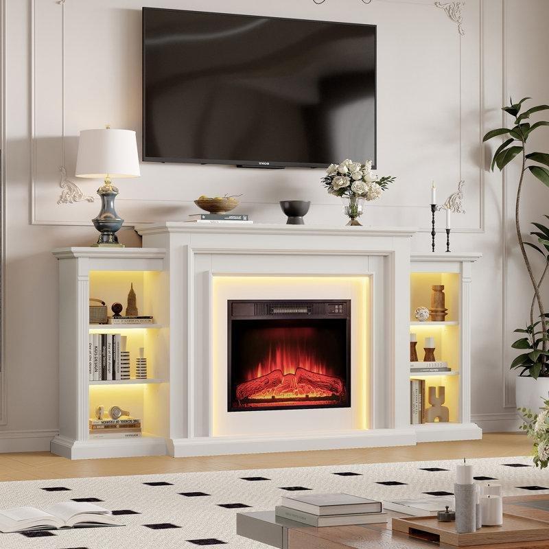 Beyaz Ahşap 3D Dokulu LED Işıklı Elektrikli Şömineli TV Ünitesi - 183 cm - 222130