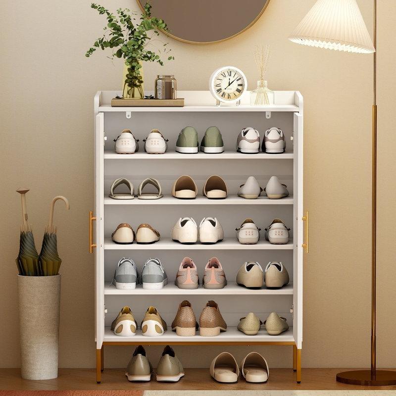 Beyaz Ahşap 5 Raflı Kapaklı Ayarlanabilir Ayakkabılık - 102x43x21 cm - 230246