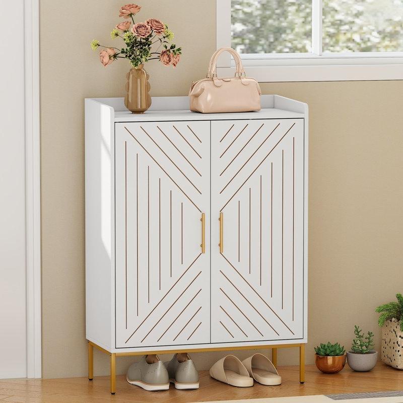 Beyaz Ahşap 5 Raflı Kapaklı Ayarlanabilir Ayakkabılık - 102x43x21 cm - 230246