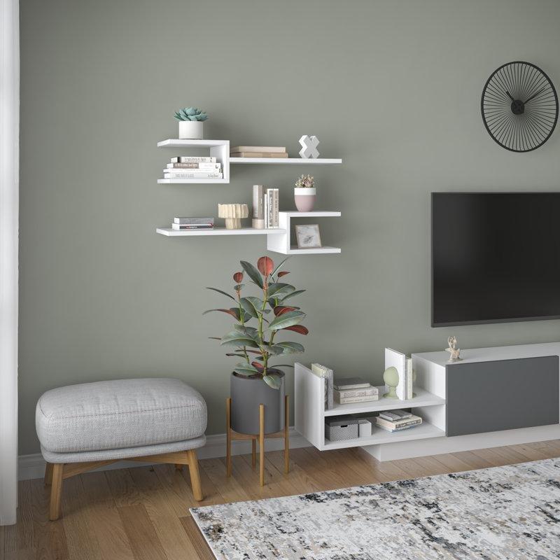 Beyaz Ahşap Asimetrik Tasarımlı 2li Set Duvar Rafı - 75 cm - 179734