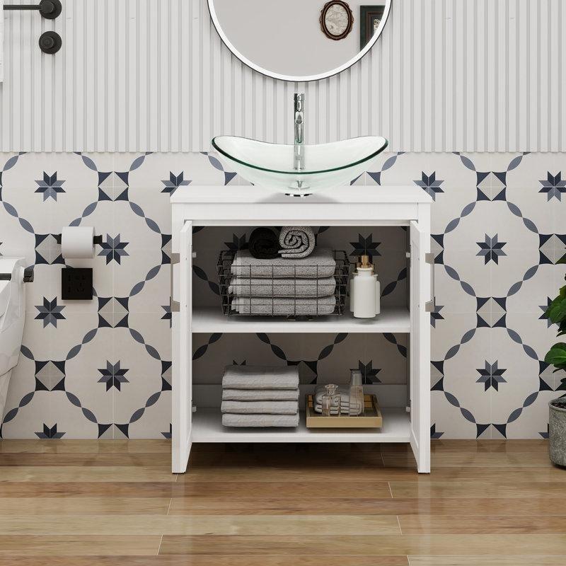 Beyaz Ahşap Ayaklı Çanak Lavabolu Banyo Dolabı Cam Tezgahlı - 77 cm - 201945