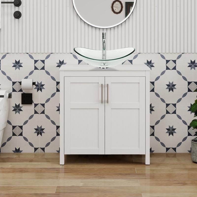 Beyaz Ahşap Ayaklı Çanak Lavabolu Banyo Dolabı Cam Tezgahlı - 77 cm - 201945