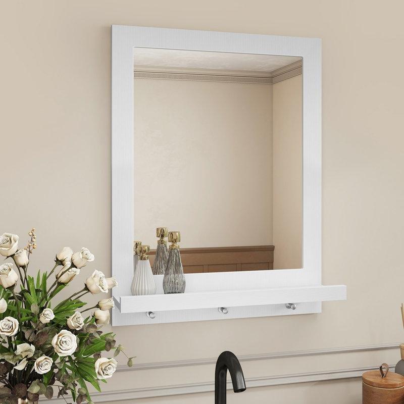 Beyaz Ahşap Aynalı ve Askılı Duvar Rafı - 61x47 cm - 179283