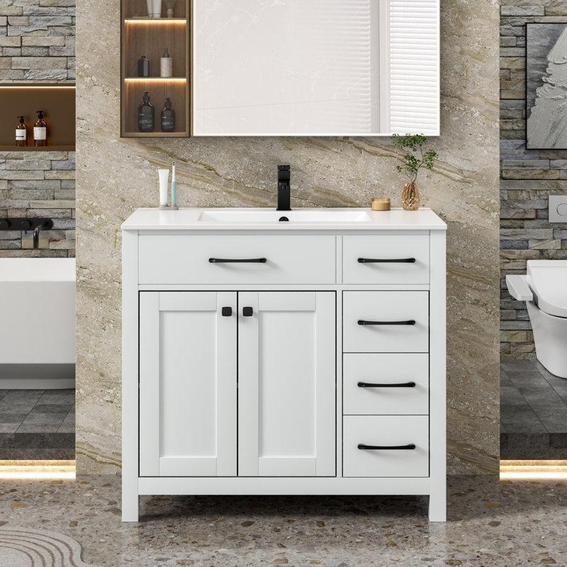 Beyaz Ahşap Çekmeceli ve Yavaş Kapanan Kapaklı Ayaklı Banyo Lavabo Dolabı - 92 cm - 199624