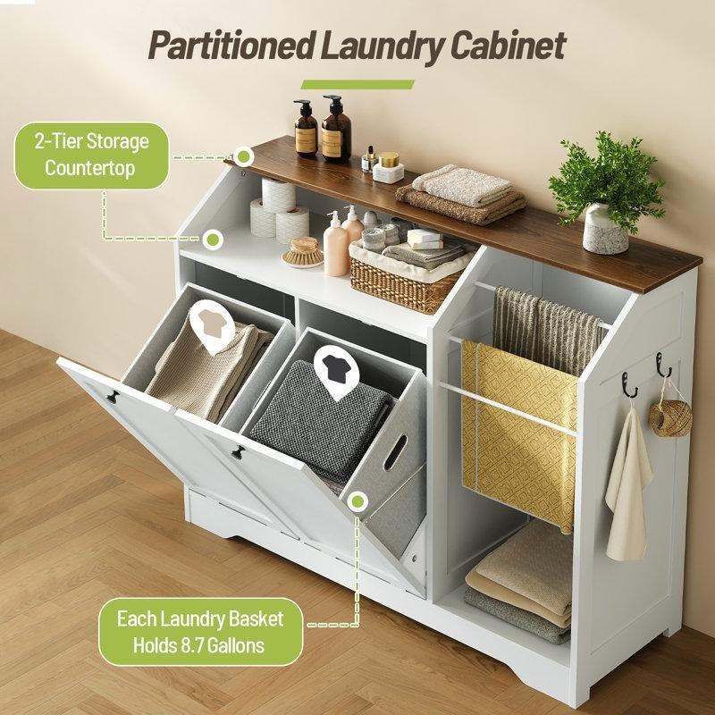 Beyaz Ahşap Çift Devirmeli Dolaplı ve Askılı Çamaşır Sepeti - 111 cm - 187093