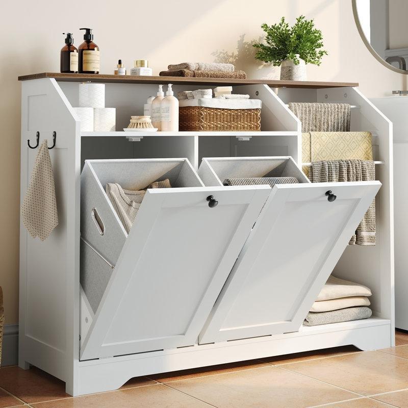 Beyaz Ahşap Çift Devirmeli Dolaplı ve Askılı Çamaşır Sepeti - 111 cm - 187093