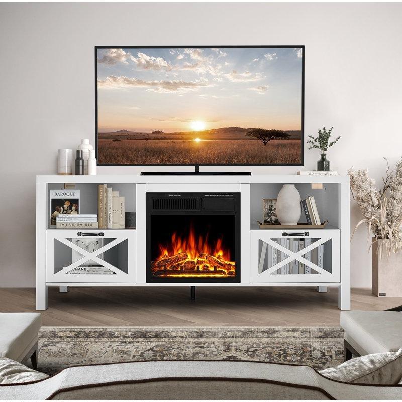 Beyaz Ahşap Dahili Elektrikli Şömineli Cam Kapaklı TV Ünitesi - 154 cm - 221609