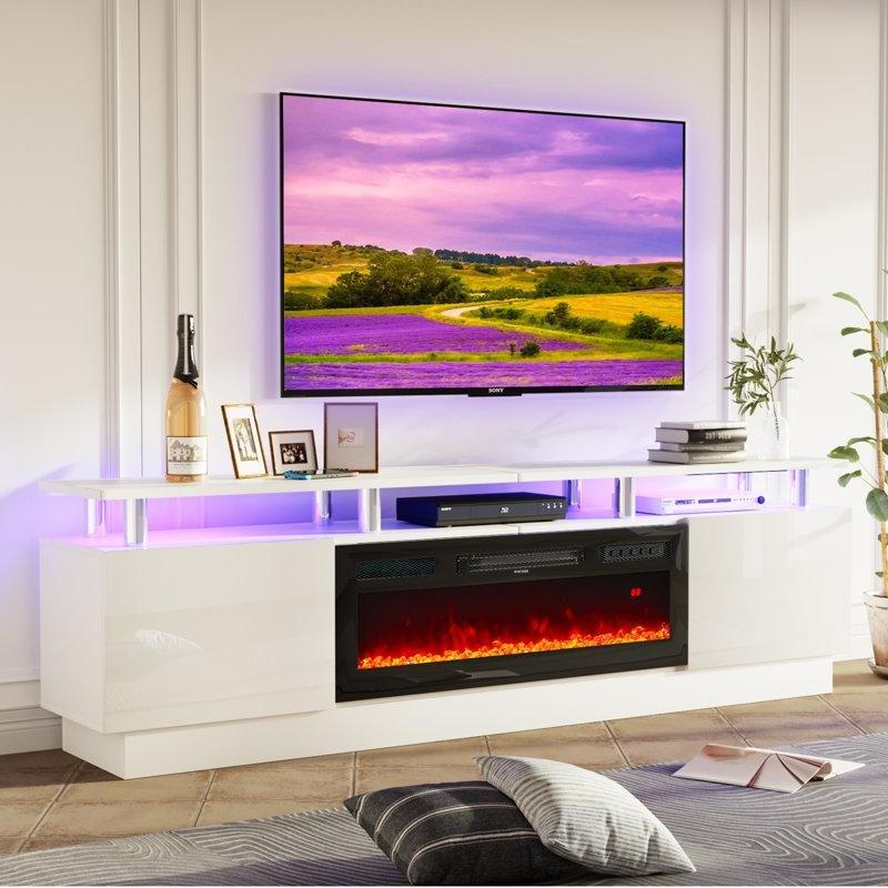 Beyaz Ahşap Desenli LED Işıklı ve Elektrikli Şömineli Tv Ünitesi - 204 cm - 220687