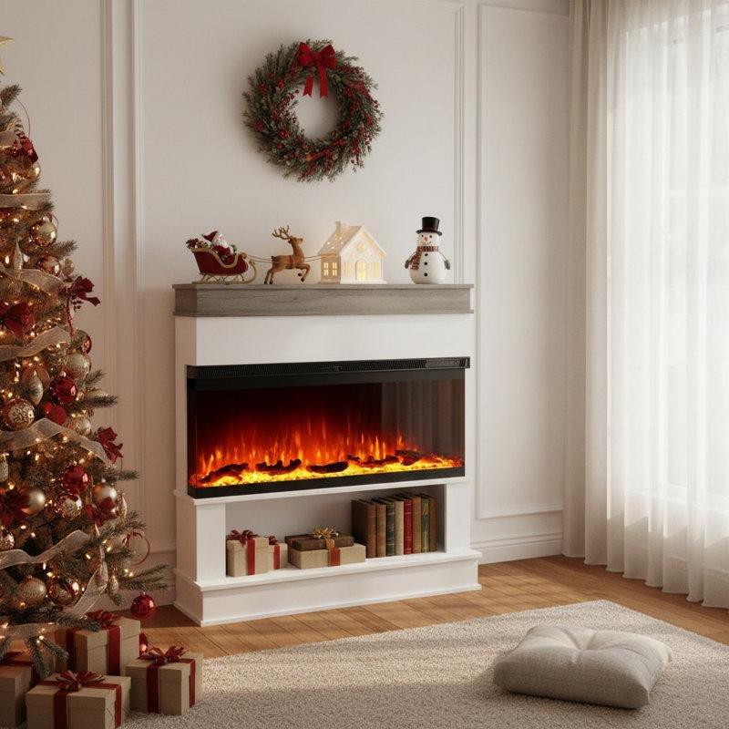 Beyaz Ahşap Dokulu 12 Renkli Alevli Depolamalı 3 Taraflı Elektrikli Şömine - 133 cm - 184054